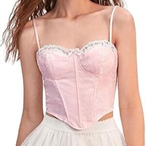 Floral Lace Trim Cami Crop Top Asymmetrical Hem Corset Bustier Tops Bralette